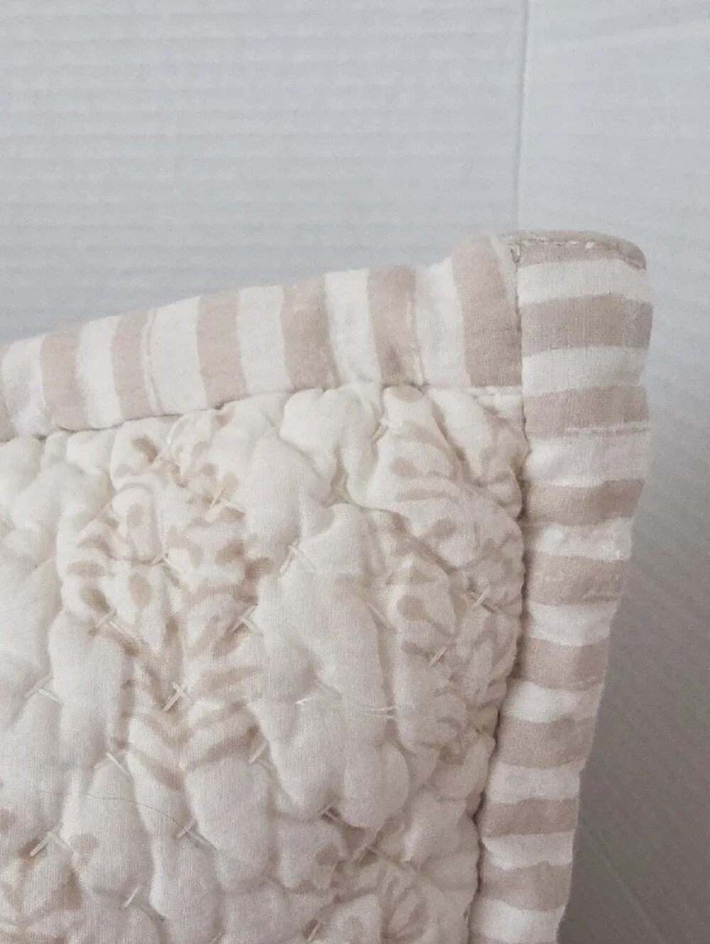 Garnet Hill Cream Tan Quilted Leaf-Embossed Cotton Strip Edge Accent Pillowcover